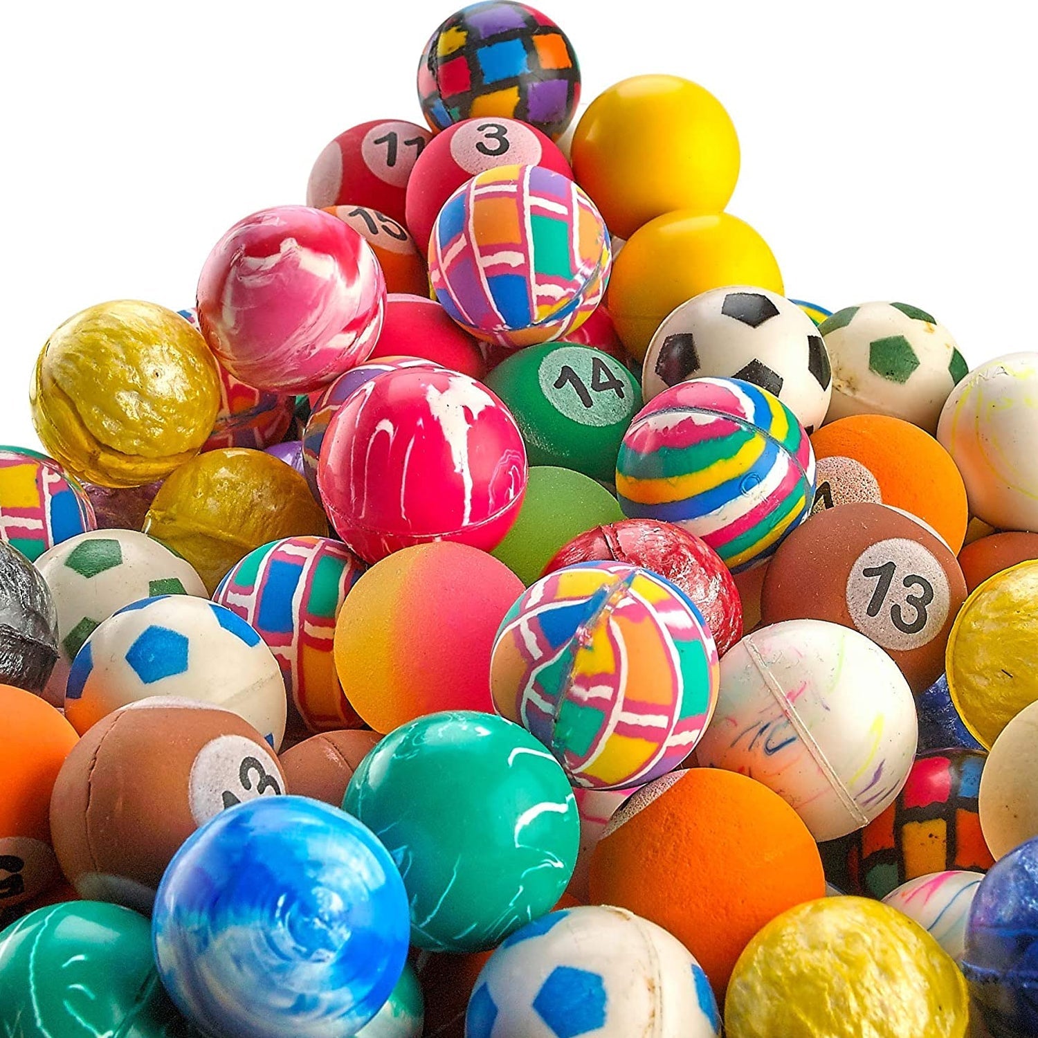 Different designs and colors of bouncy balls in a set of 14 pieces. Different designs and colors of bouncy balls in a set of 14 pieces.